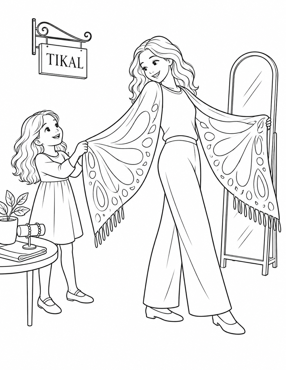 At an imagined TIKAL shop visit, a child hands a shopper one big scarf that unfurls into a broad butterfly-wing shape as she turns to a mirror.