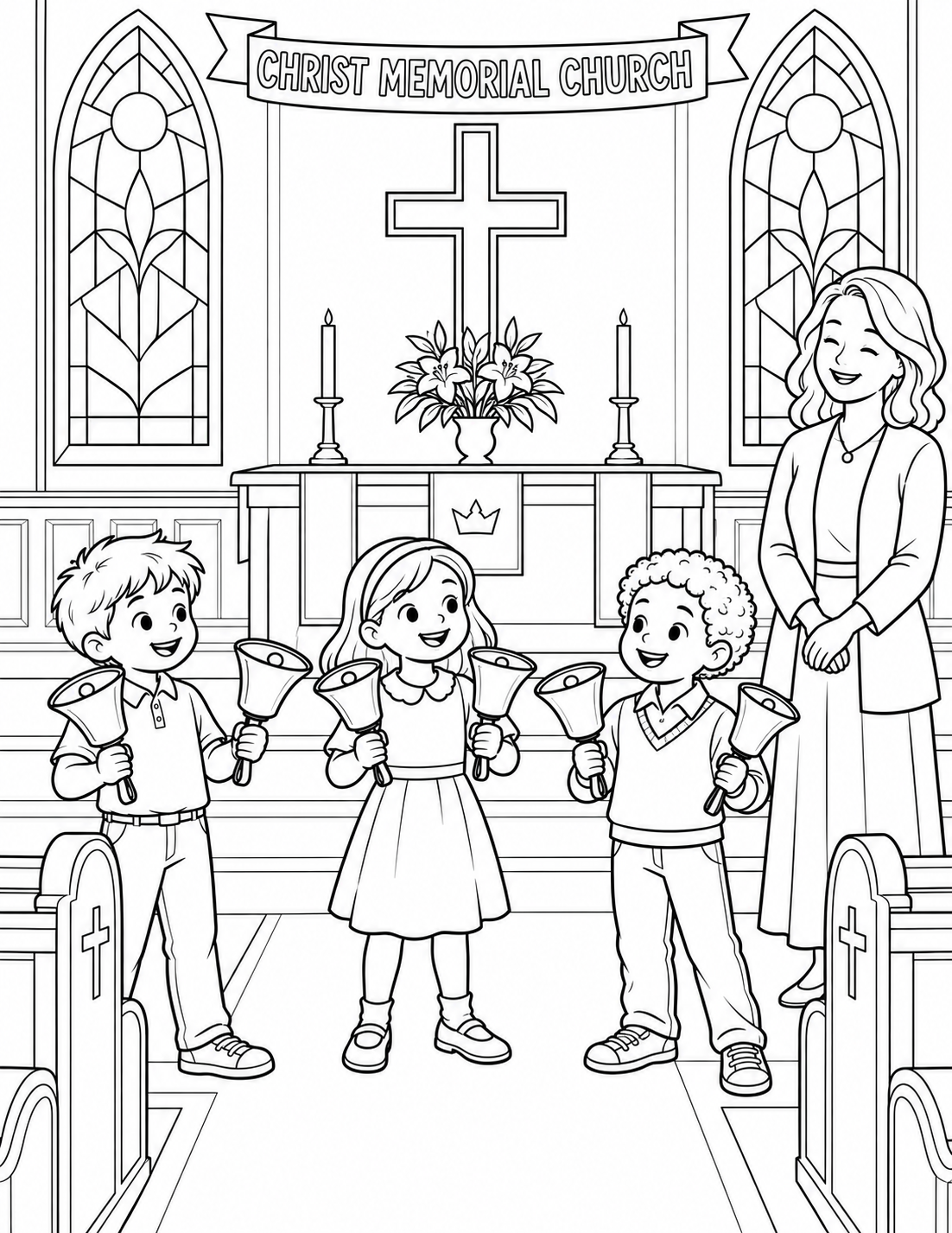 Three children play handbells together inside a church sanctuary while an adult music leader listens.