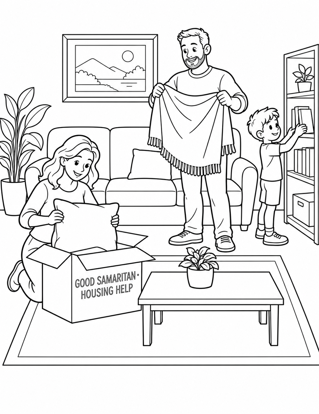 A white family unpacks a pillow, blanket, and books together in a simple new living room.