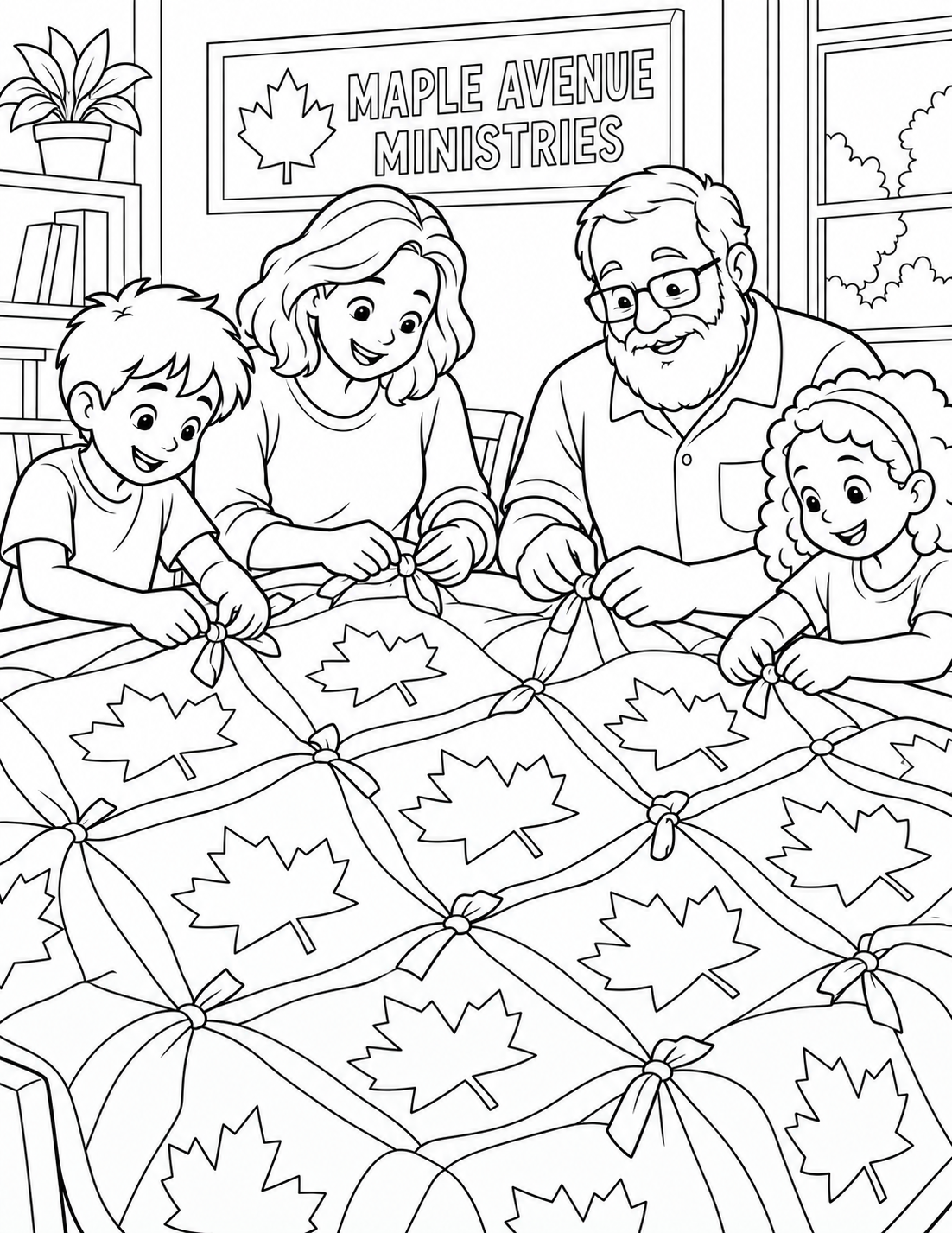 Children and adults tie broad maple-leaf pieces into one community quilt.