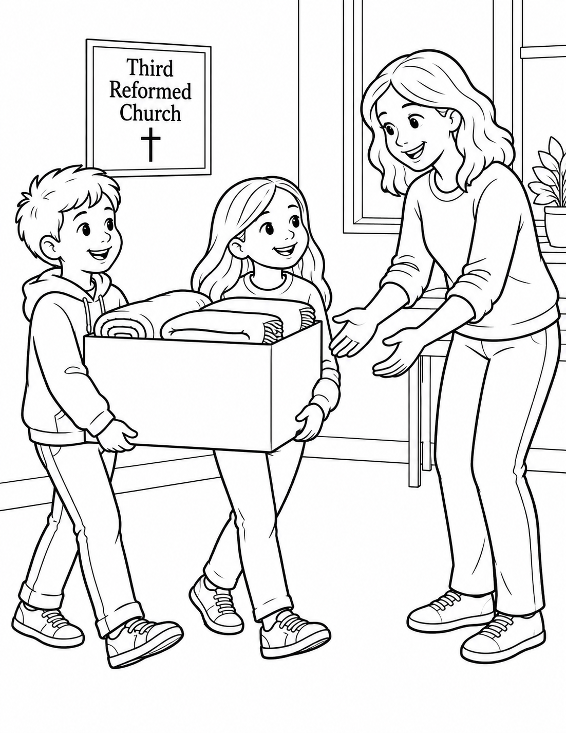 For an imagined Third Reformed Church service project, two children carry one large supply box together toward a welcoming adult volunteer.