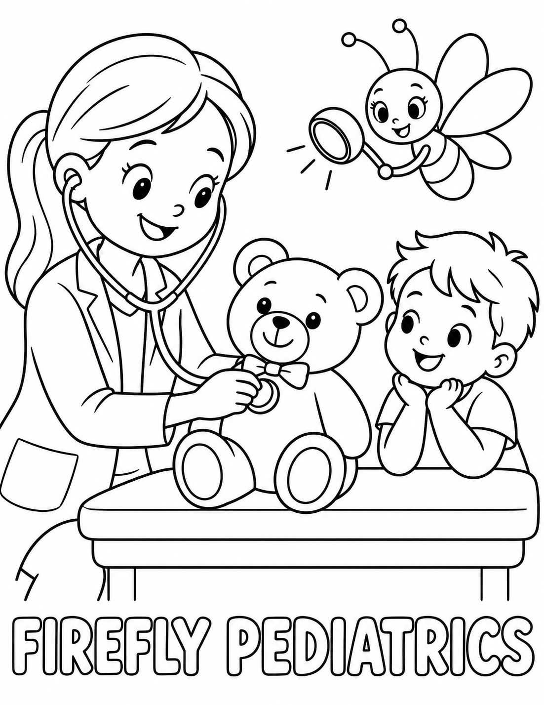 A pediatrician listens to a teddy bear while a child watches and a friendly firefly holds the exam light.