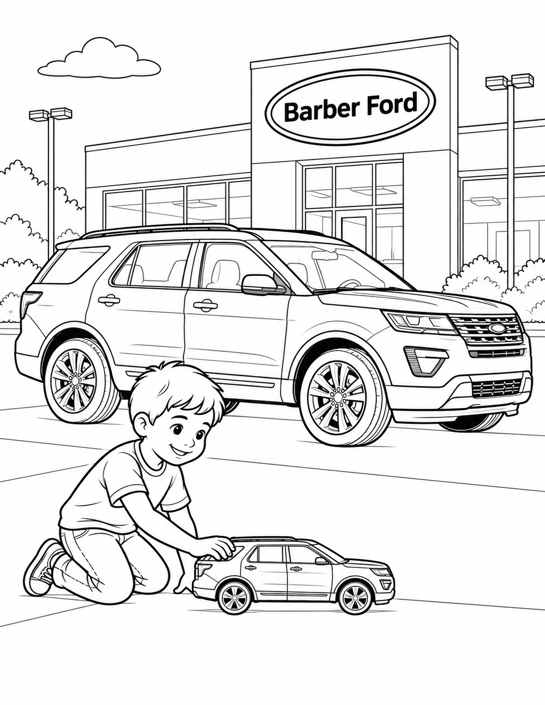 At Barber Ford, a child rolls a toy SUV into alignment beside a realistically proportioned family SUV, matching the little car to the real one.