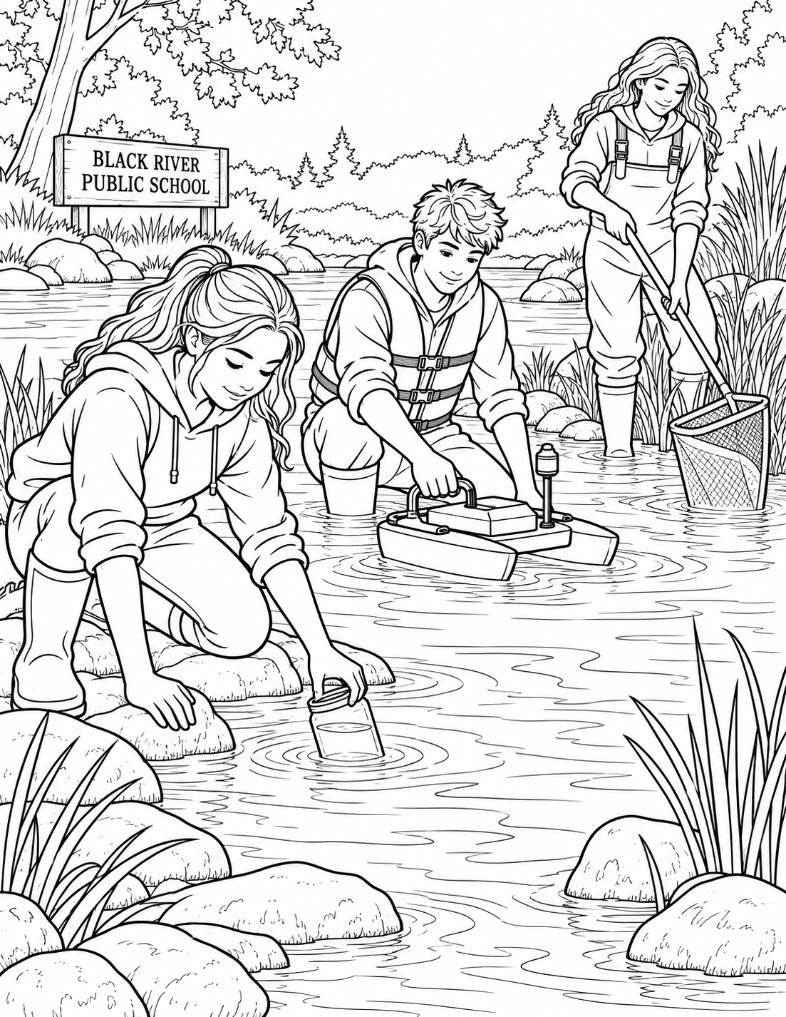 Older students collect a water sample, steady a sensor boat, and use a sampling net in the river.