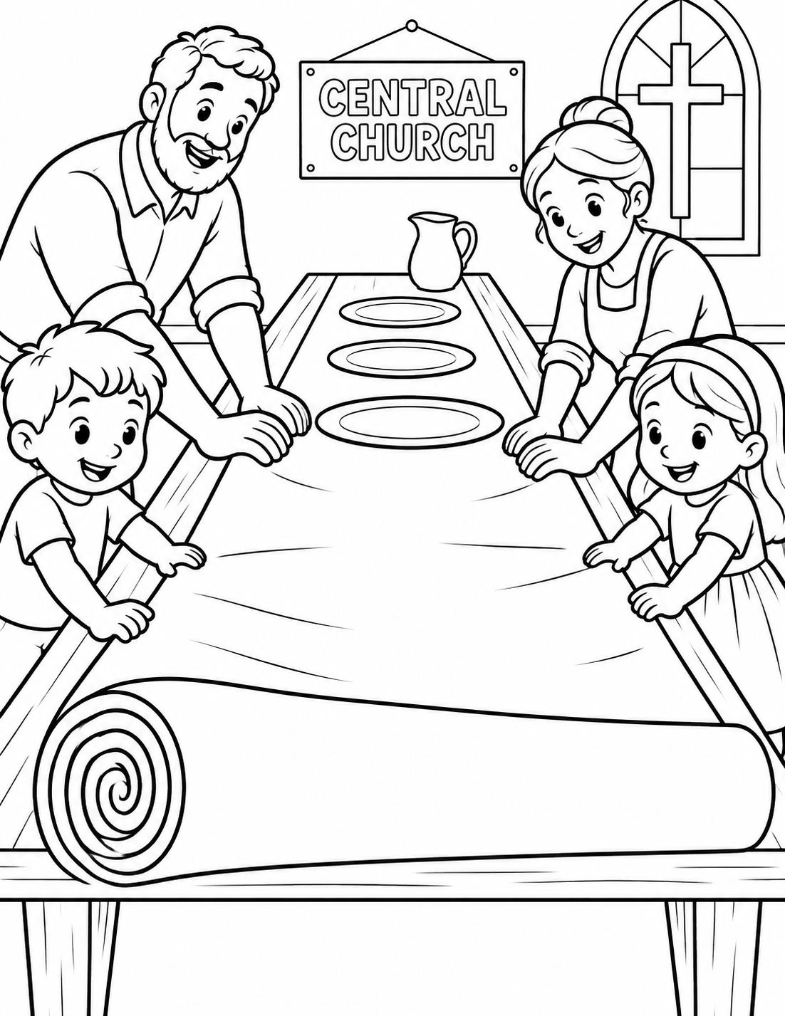 Children and adults roll one long tablecloth across a community meal table as plates pop into view behind the cloth. An imagined page grounded in Central Church's wesleyan church work.