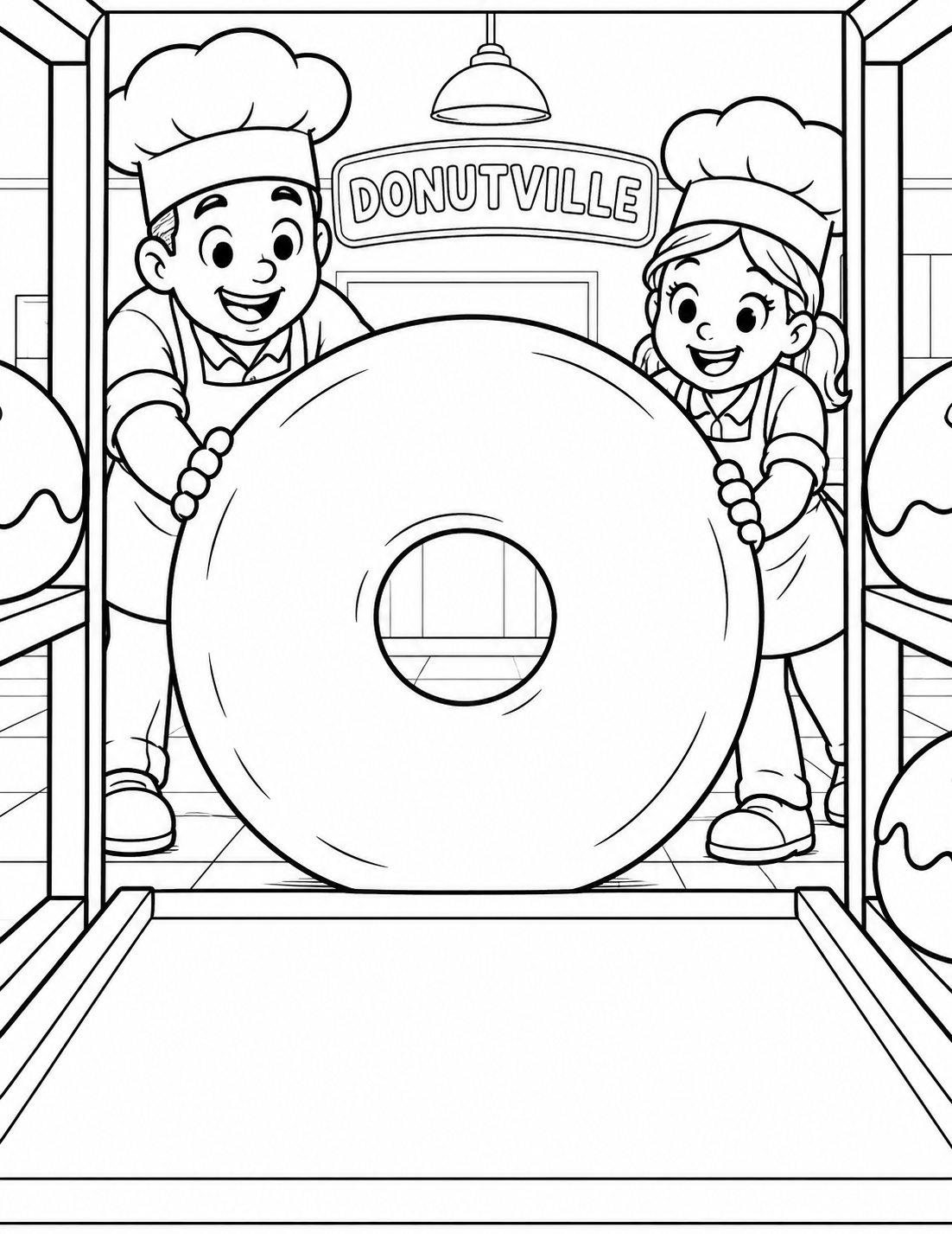 Two bakers roll one giant ring donut toward the open slot in a display rack. An imagined page grounded in Donutville's ice cream & bakeries work.