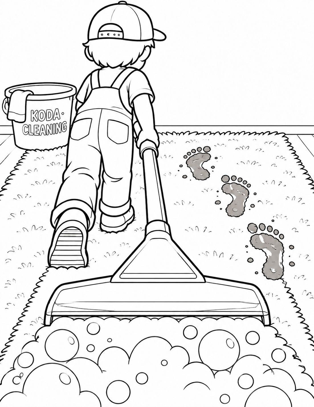 A wide carpet-cleaning tool pushes a friendly wave of large bubbles across muddy footprints on one giant rug. An imagined page grounded in KODA Cleaning Services's cleaning services work.