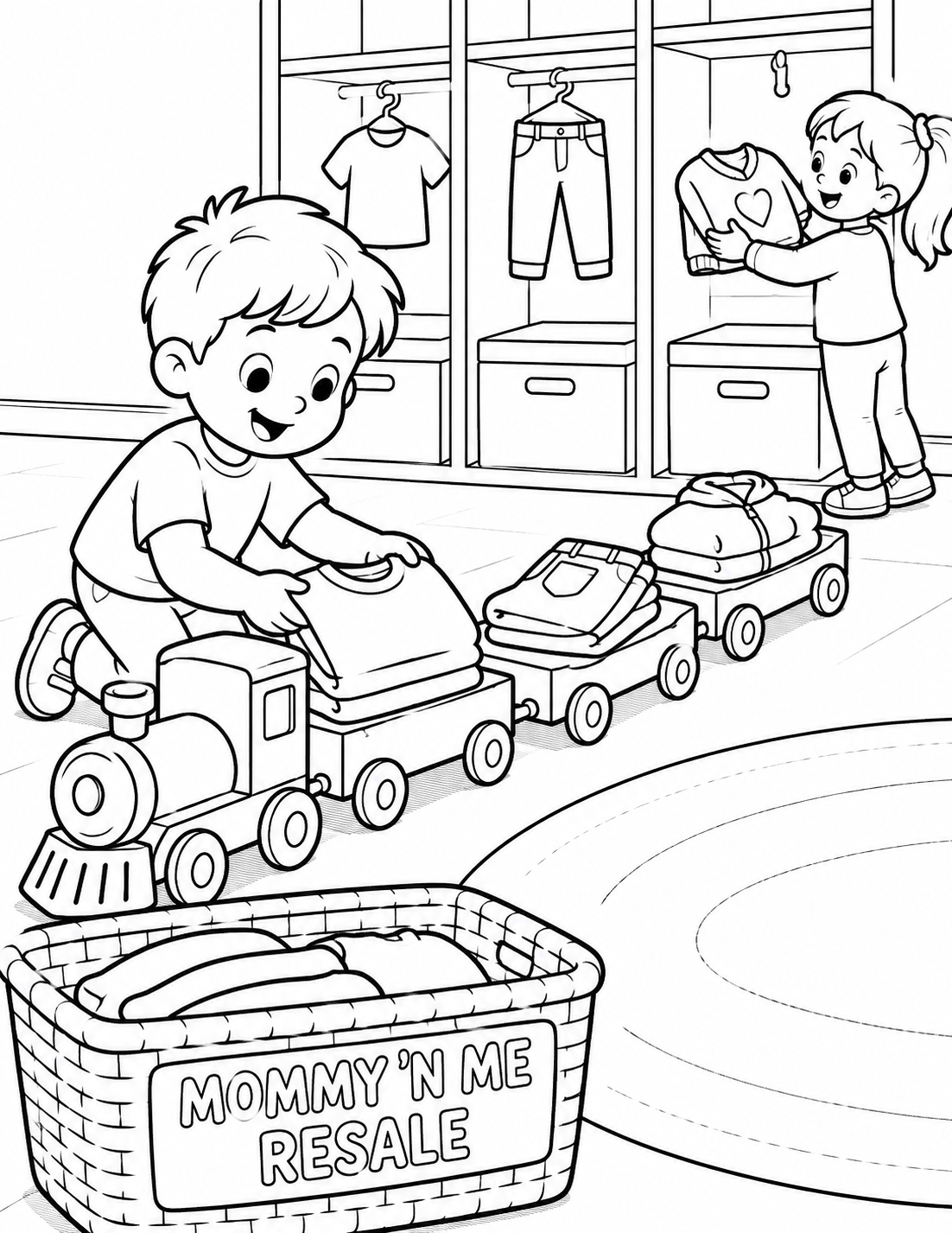 A toy train carries three large folded outfits from a donation basket to new child-sized closet cubbies. An imagined page grounded in Mommy 'N Me Resale LLC's kids & family retail work.