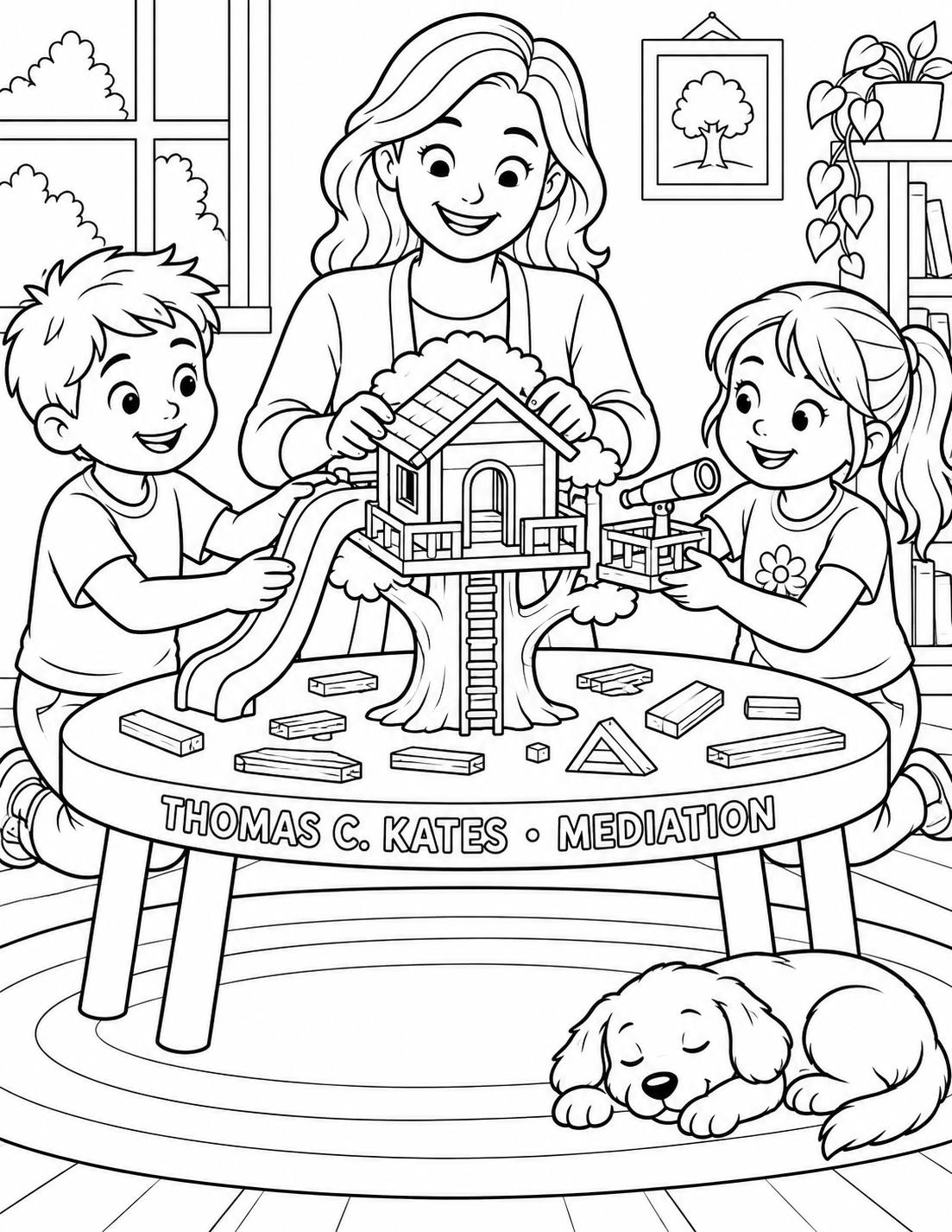 A mediator helps two children combine a slide and telescope deck into one shared model treehouse.
