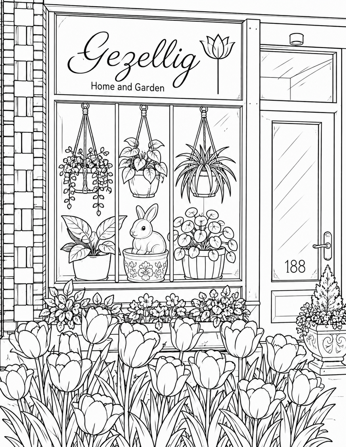 A little rabbit figure peeks from a flowerpot among the plants in Gezellig’s window.