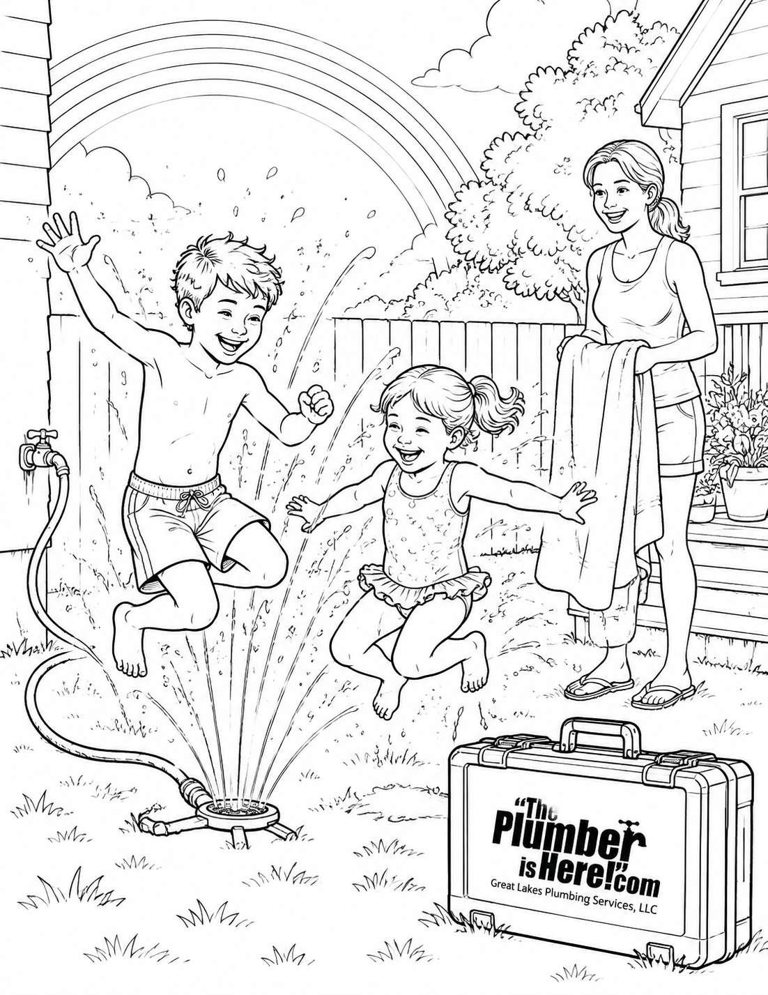 Two children leap through a sprinkler as a parent holds towels beside a Great Lakes Plumbing Services toolbox.
