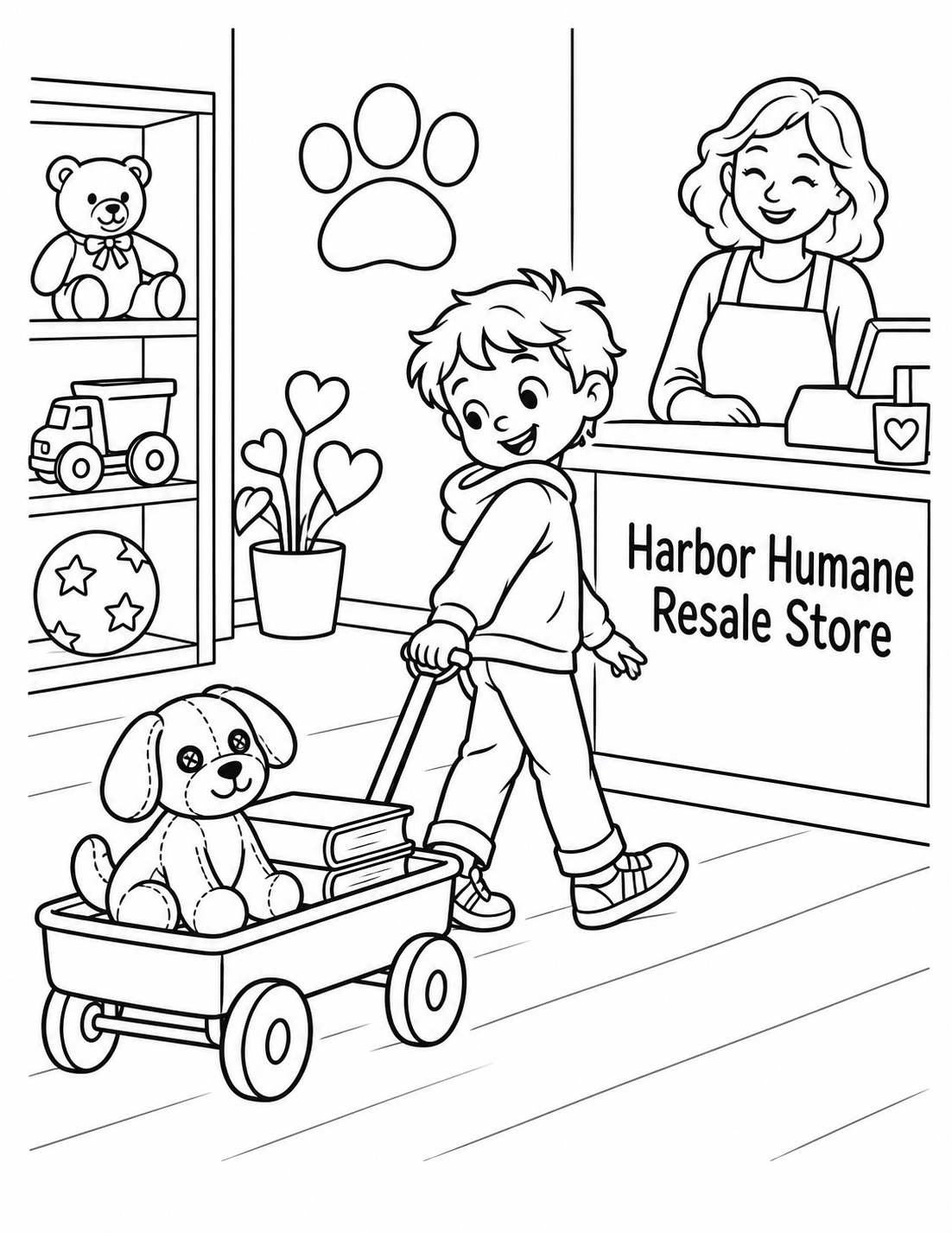 In an imagined secondhand shop, a child delights in pulling a little toy wagon carrying a gently used plush puppy and two books toward the checkout counter.