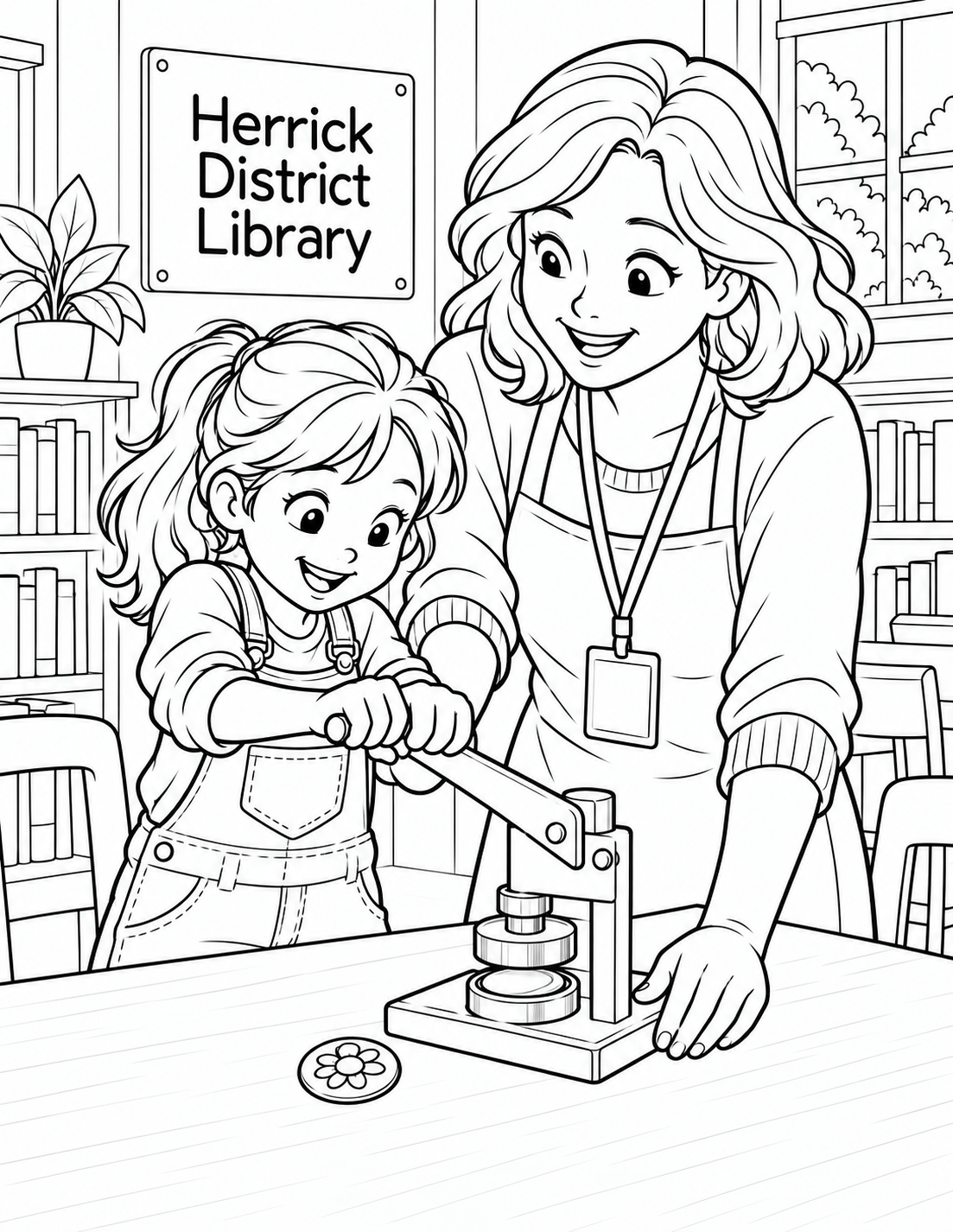 At an imagined Groundworks session, an adult steadies a simple button maker and guides a child as they press its lever to make a small flower button.