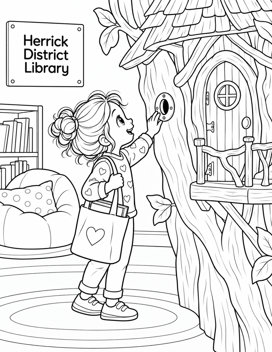 A child pauses at the Main Library's real fairy-treehouse doorway with a small tote holding two books, deciding whether to peek through one peephole or settle into the nook.