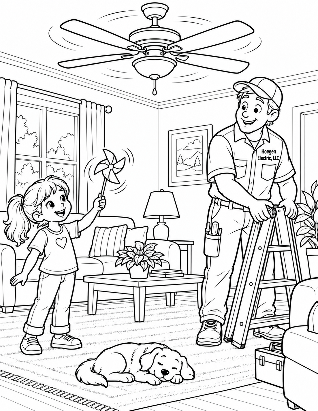 After an imagined ceiling-fan installation, a child stands safely across the room and watches a lightweight paper pinwheel turn gently in the airflow while the electrician closes a step ladder.