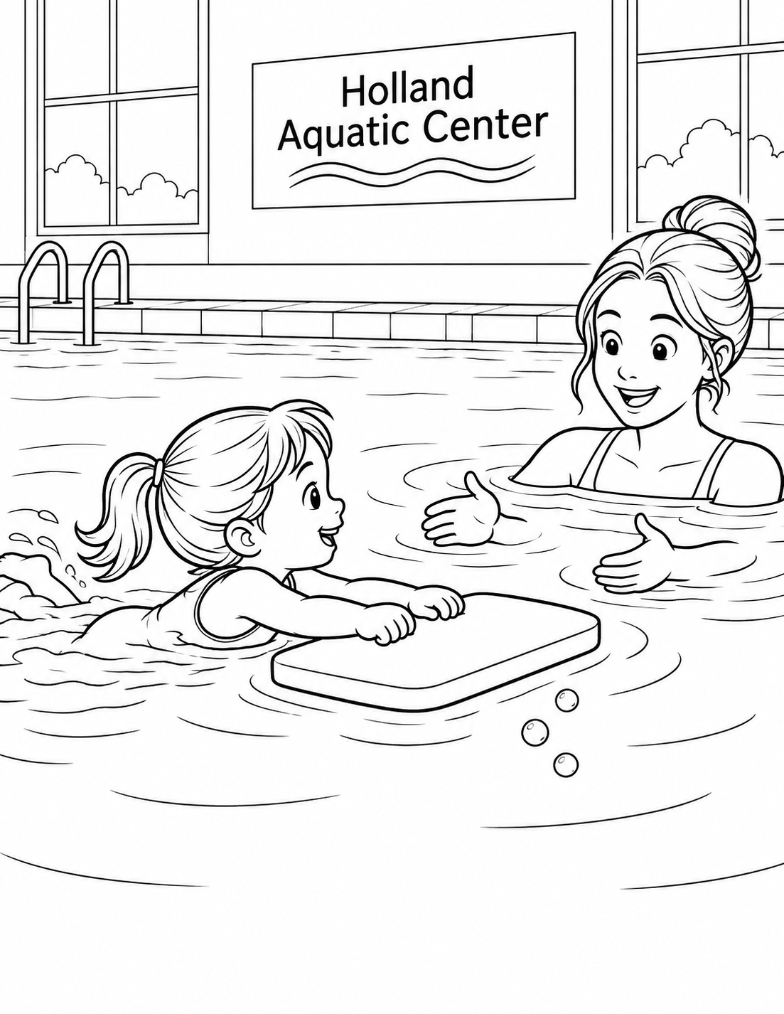 A young swimmer kicks toward her mother while holding a flat kickboard in an indoor pool under a Holland Aquatic Center wall sign.