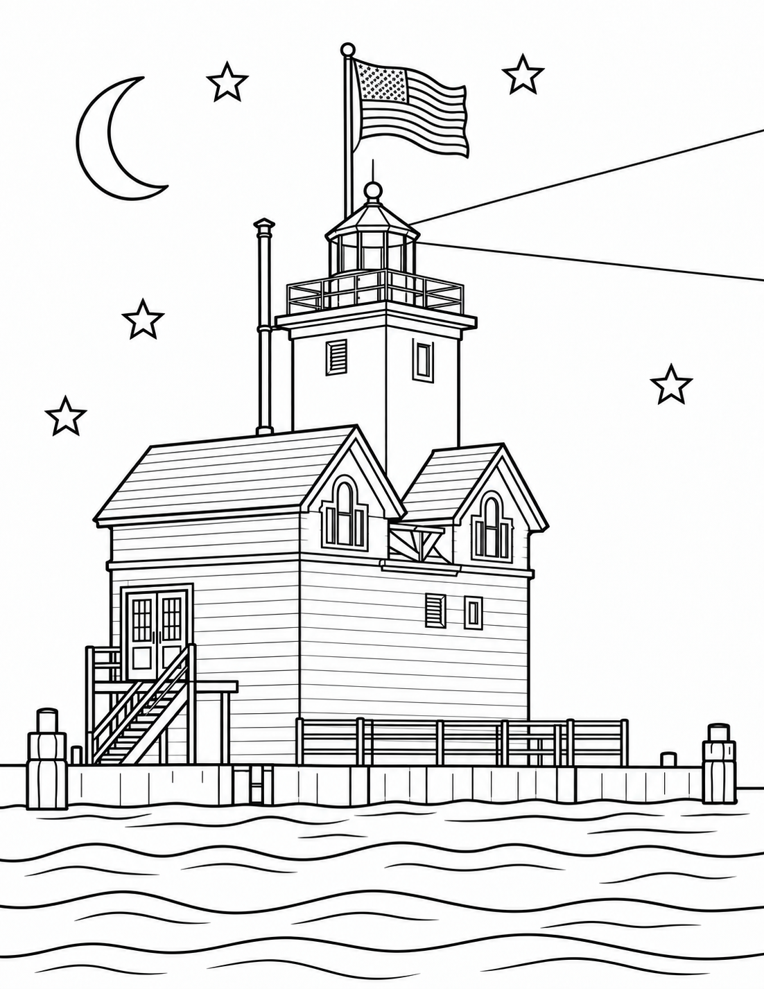 Big Red stands above the water at night with its lighthouse beam, tall flagpole and United States flag.