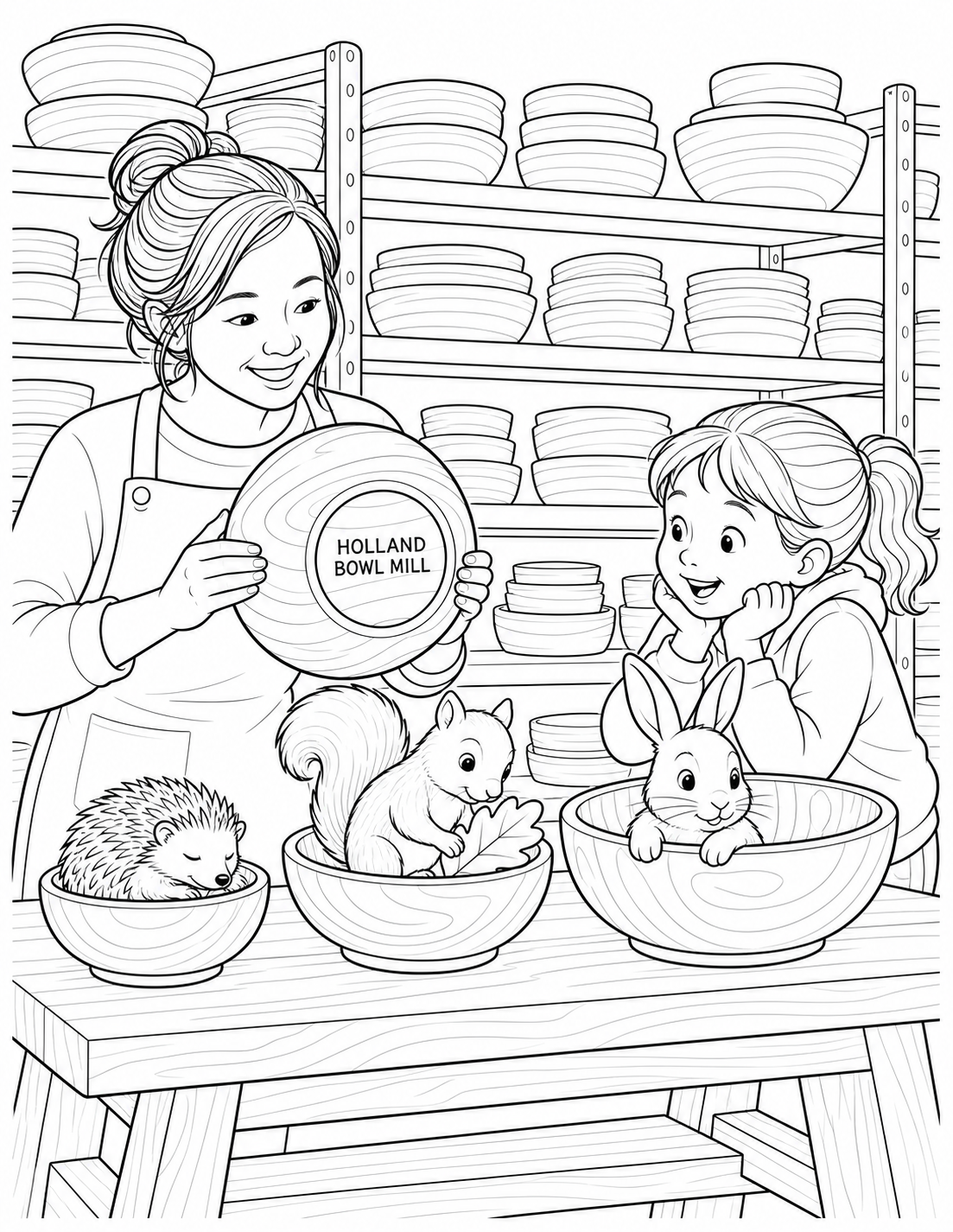 A hedgehog, squirrel and rabbit settle into wooden bowls while a craftswoman and child watch. An imagined visit inspired by Holland Bowl Mill’s nested bowls and workshop shelves.