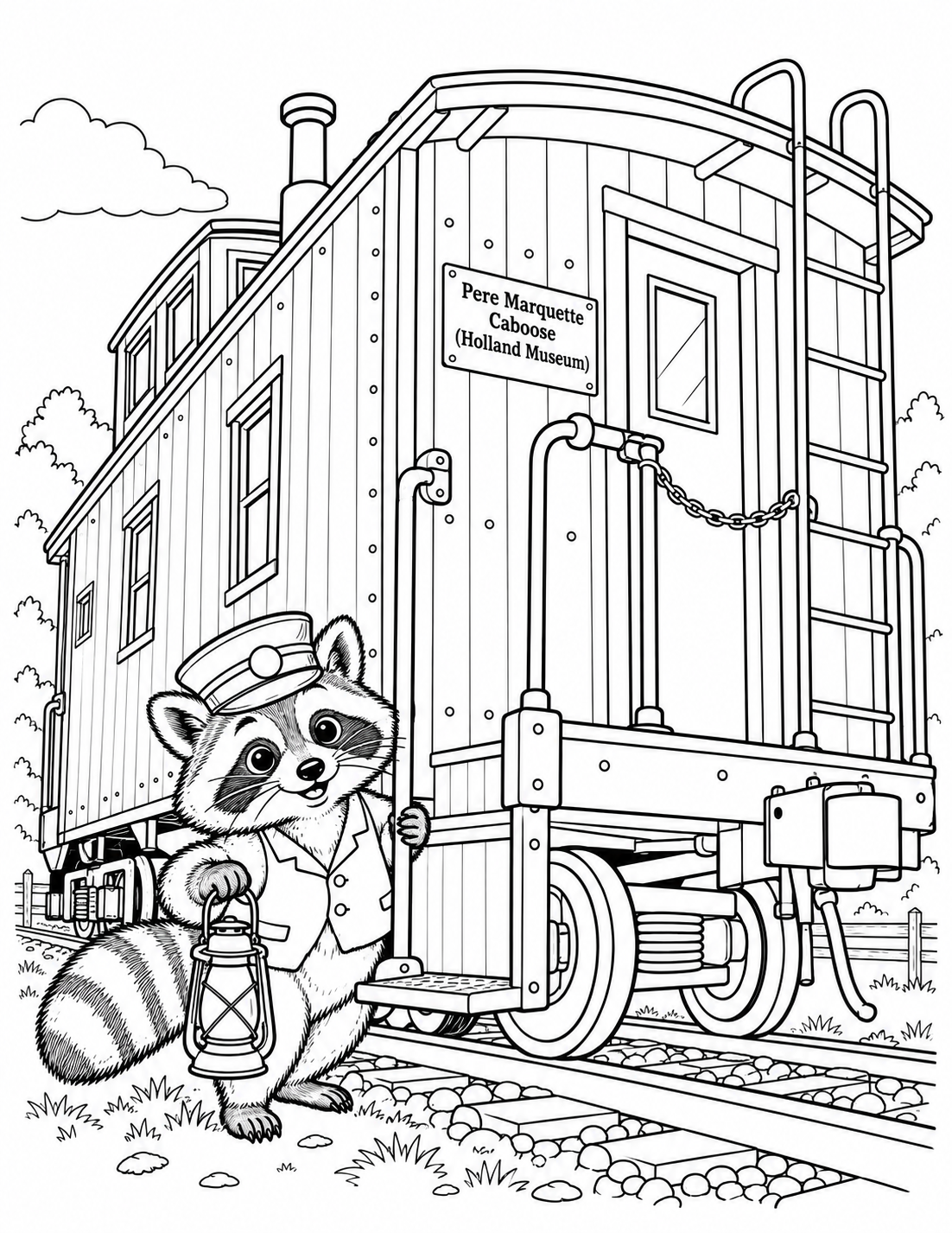 A curious raccoon conductor peeks from the caboose’s low exterior step, holding a small lantern as the restored caboose rises behind like a cozy railcar hideaway.