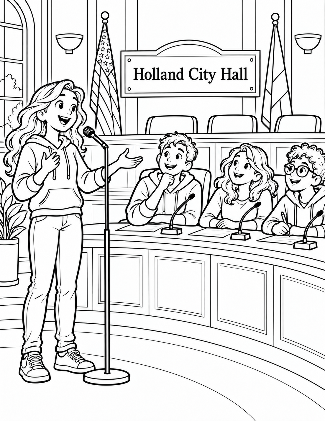 At an imagined Holland Youth Advisory Council meeting, one high-school student stands at the chamber microphone to share an event idea while fellow youth council members listen at the table.