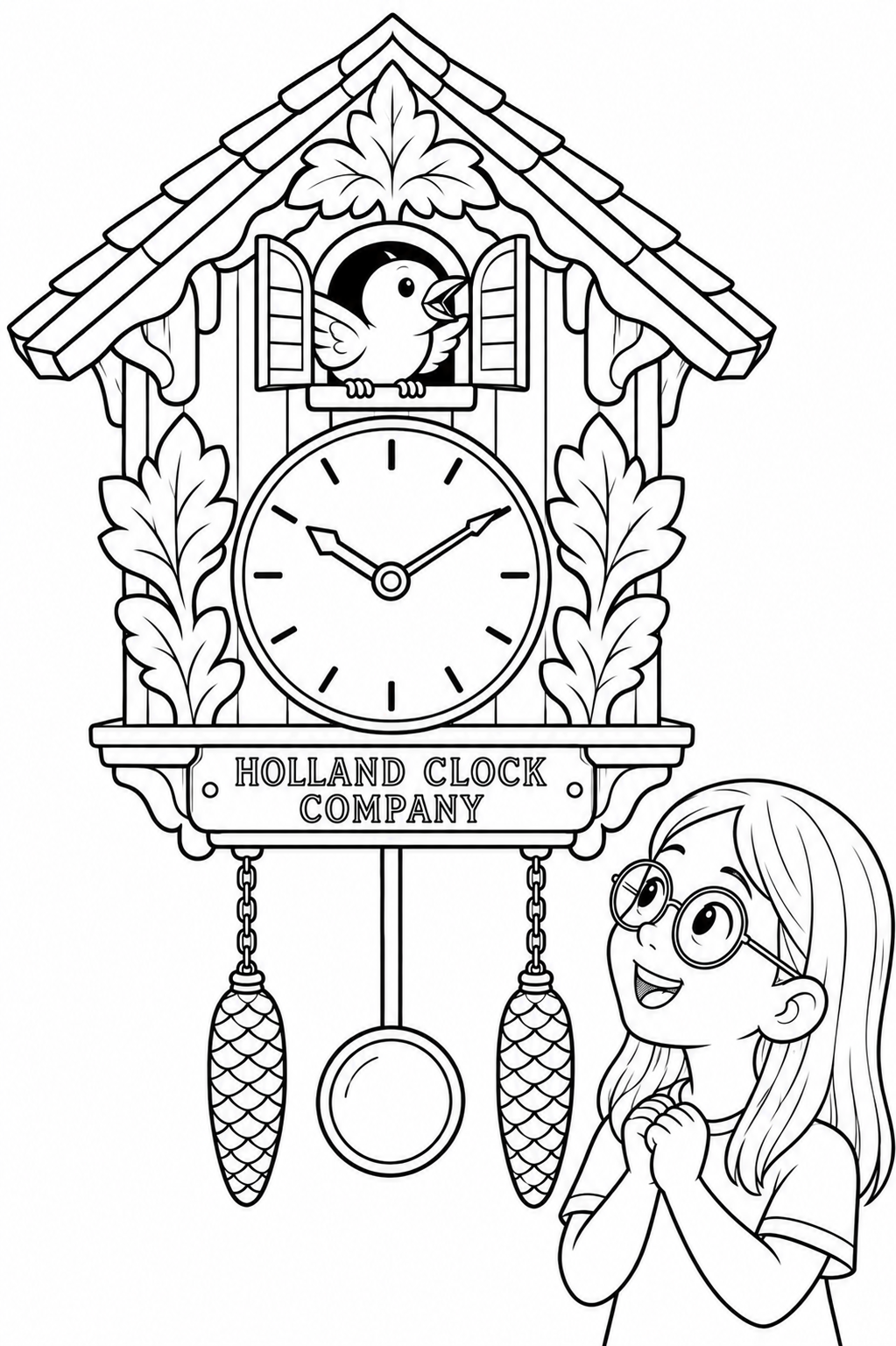 A little girl watches a bird peek from a carved cuckoo clock engraved with Holland Clock Company.