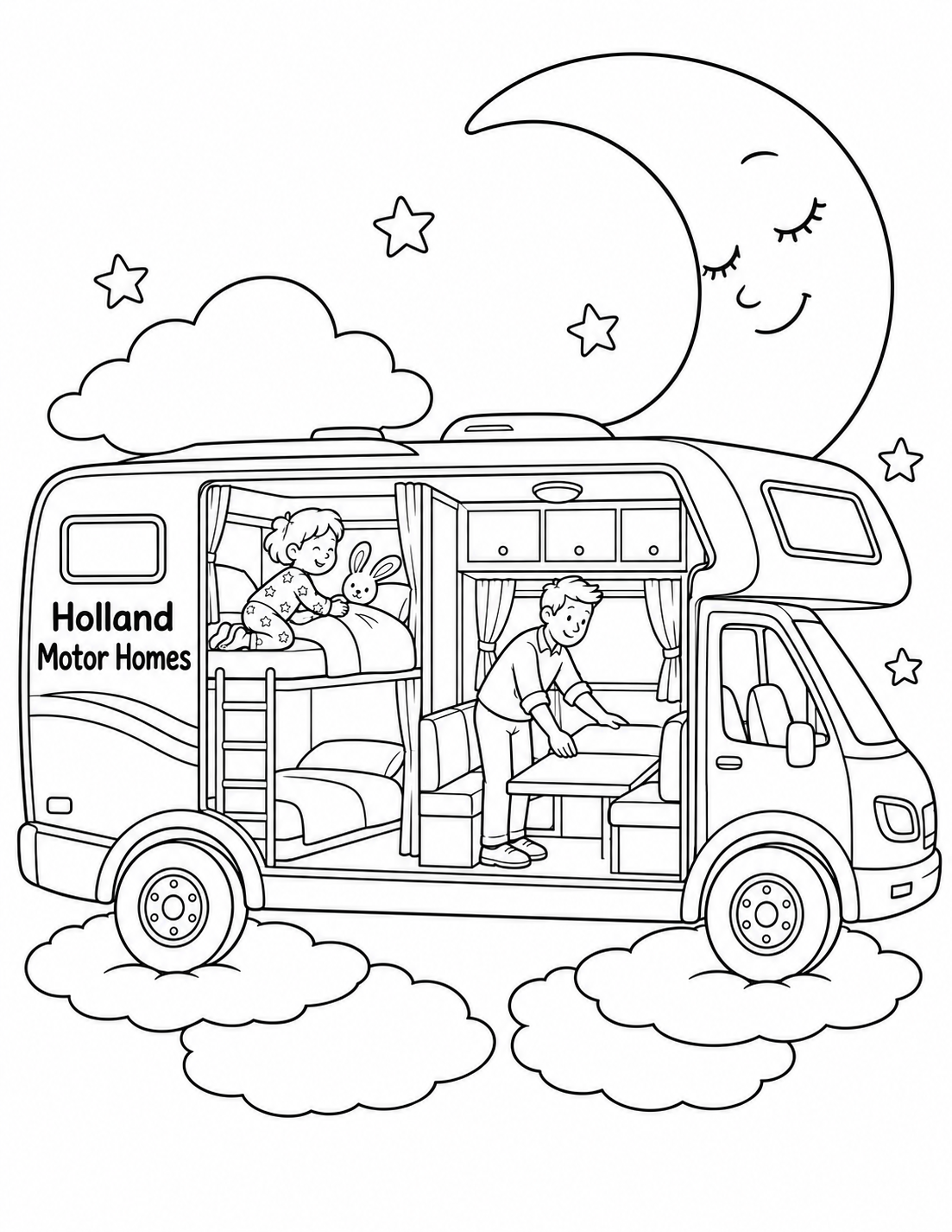 A child settles into a Holland Motor Homes camper floating on clouds while an adult prepares the dinette.