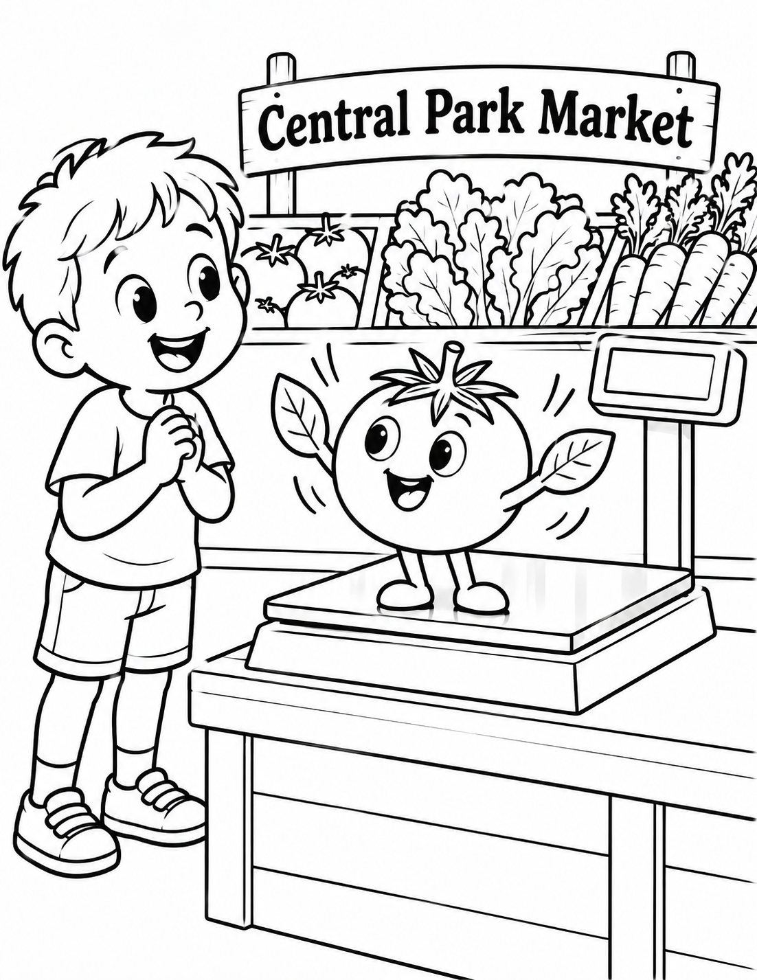 In Central Park Market's produce aisle, a leafy tomato raises its small arms like a stage performer as a child watches from beside the produce scale.