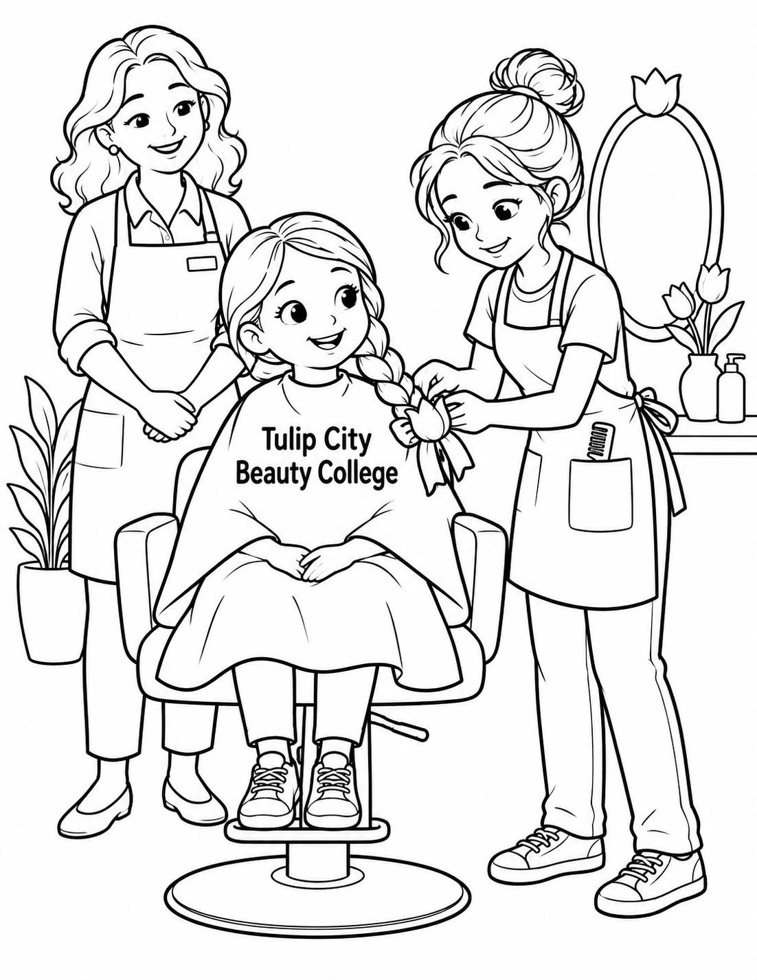 In an imagined supervised salon appointment, a student stylist clips one large tulip-shaped bow onto a smiling child's finished, broad braid while an instructor looks on.