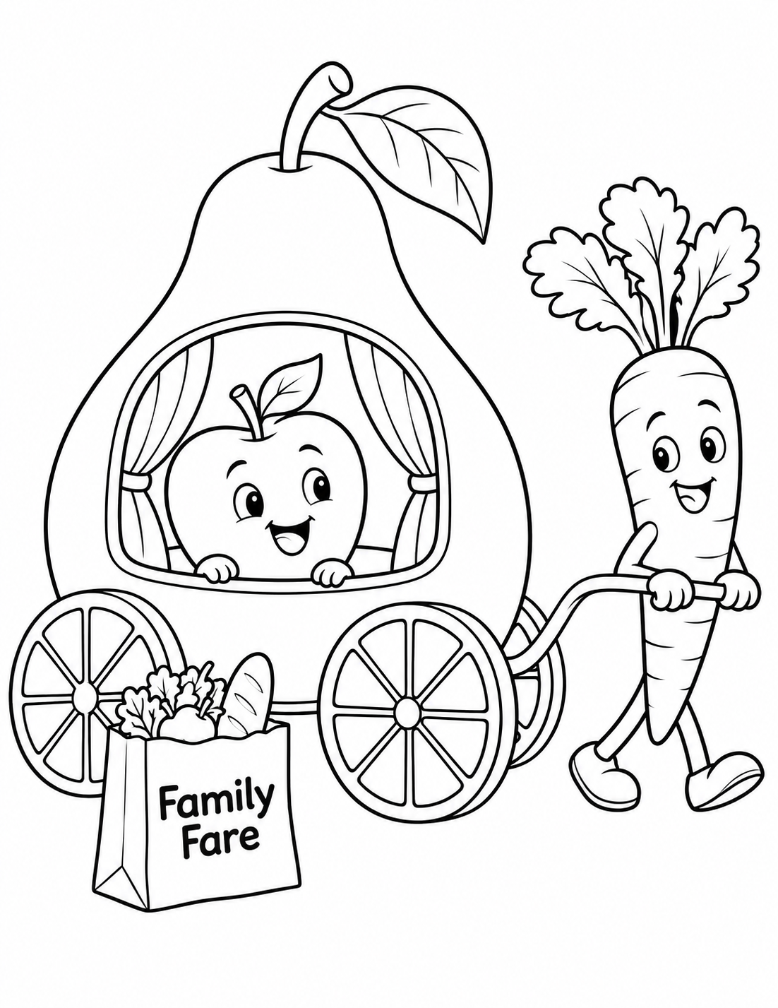 A cheerful carrot pulls an apple in a pear-shaped carriage beside a Family Fare grocery bag.