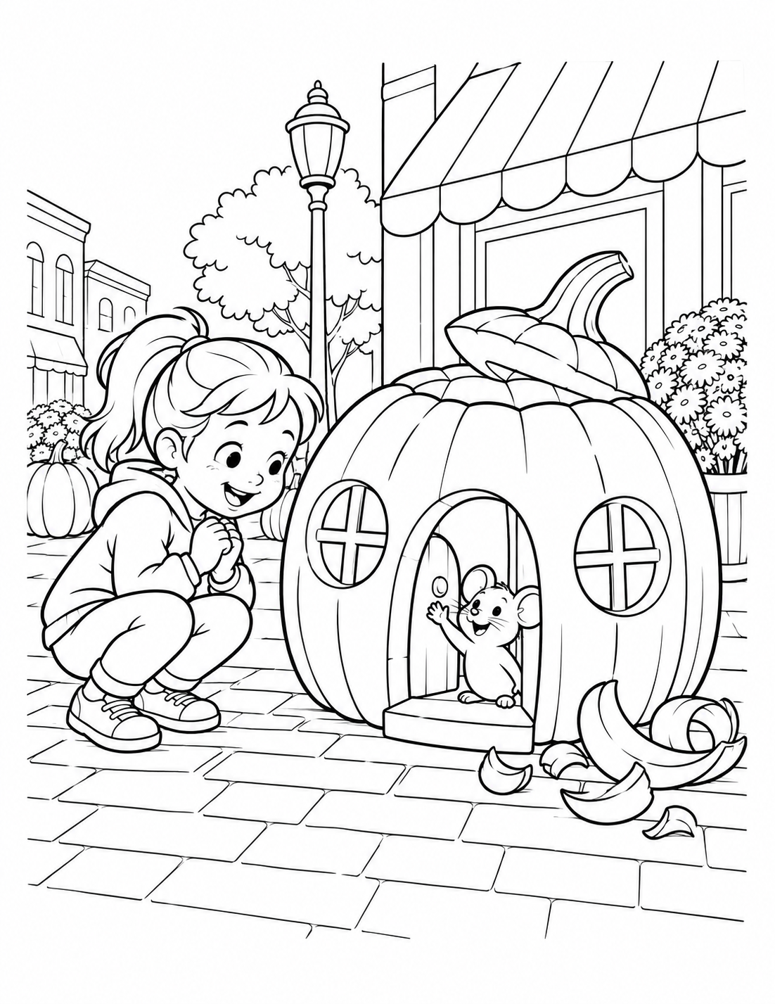 At an imagined Fall Fest carving display, a hollow pumpkin house reveals one tiny mouse waving from its carved doorway as a child peers in.