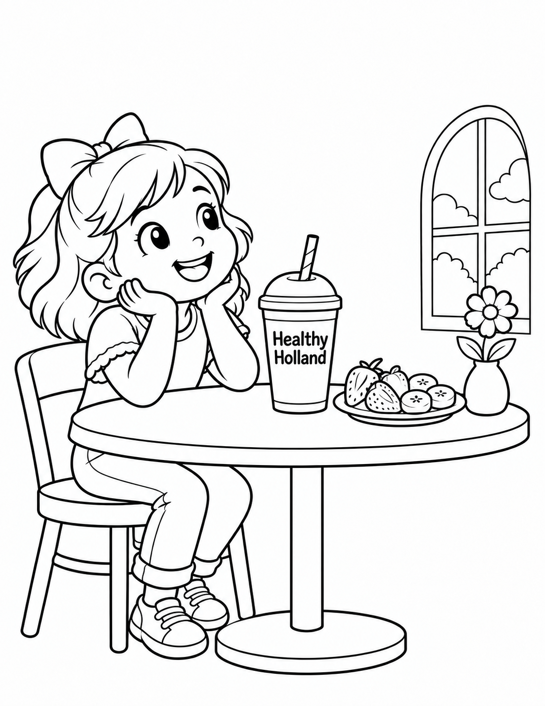A smiling child enjoys a Healthy Holland smoothie and fresh fruit at an airy cafe table.