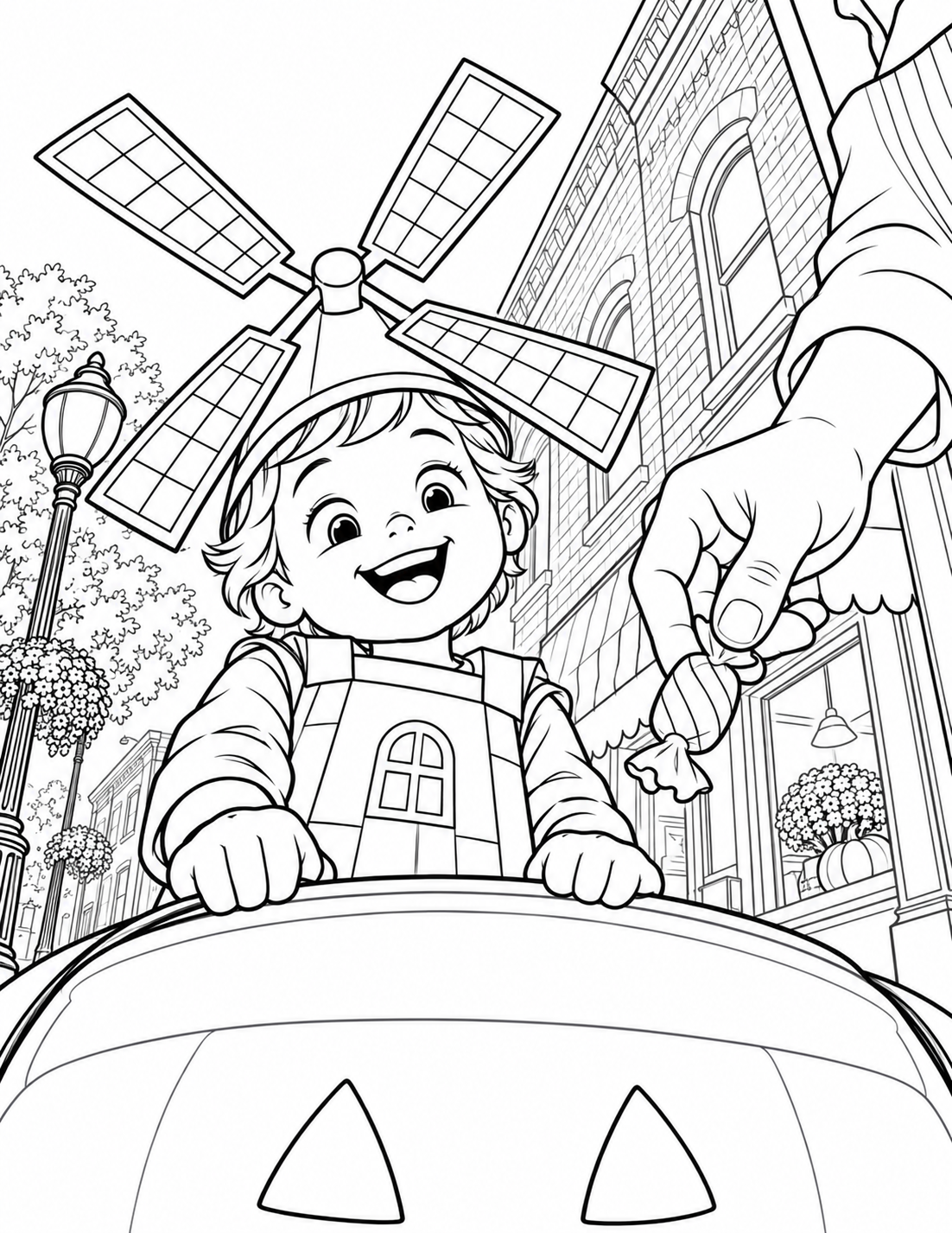 From just inside a trick-or-treat bucket, a little child in a homemade windmill costume looks down in delight as a shopkeeper drops one wrapped candy in.