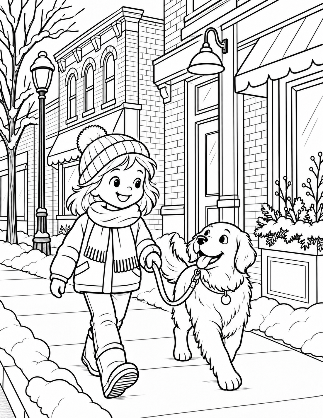 At sidewalk height, one child and a dog follow a clear snow-free path through a single compact downtown block, with snow at the curb and close-set historic brick storefronts on either side.