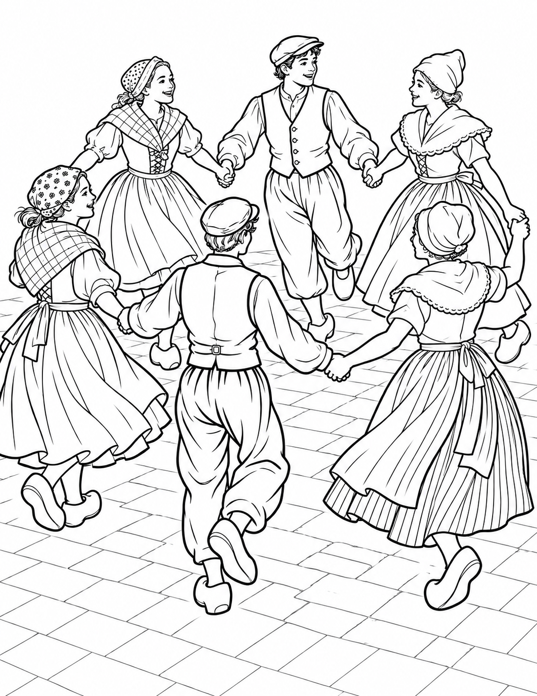 Six dancers join hands and step in a ring, with swinging skirts and wooden clogs.
