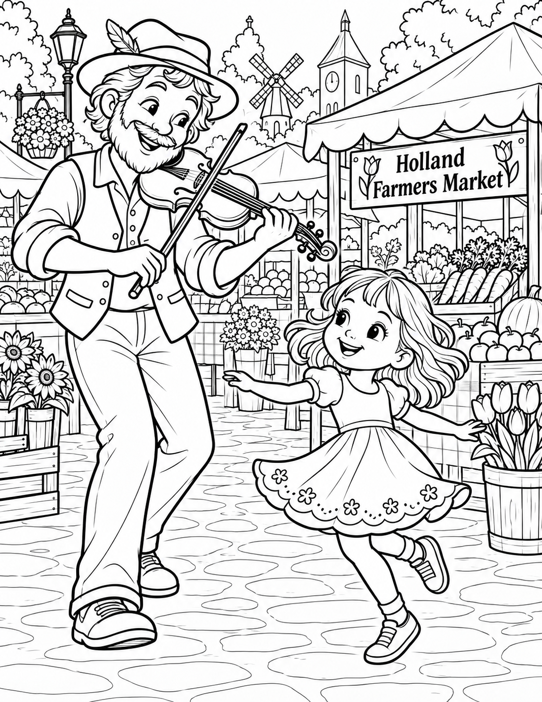 At the market, a child gives a joyful little twirl to an imagined street performer's fiddle music while a few produce crates and stall canopies establish the setting.
