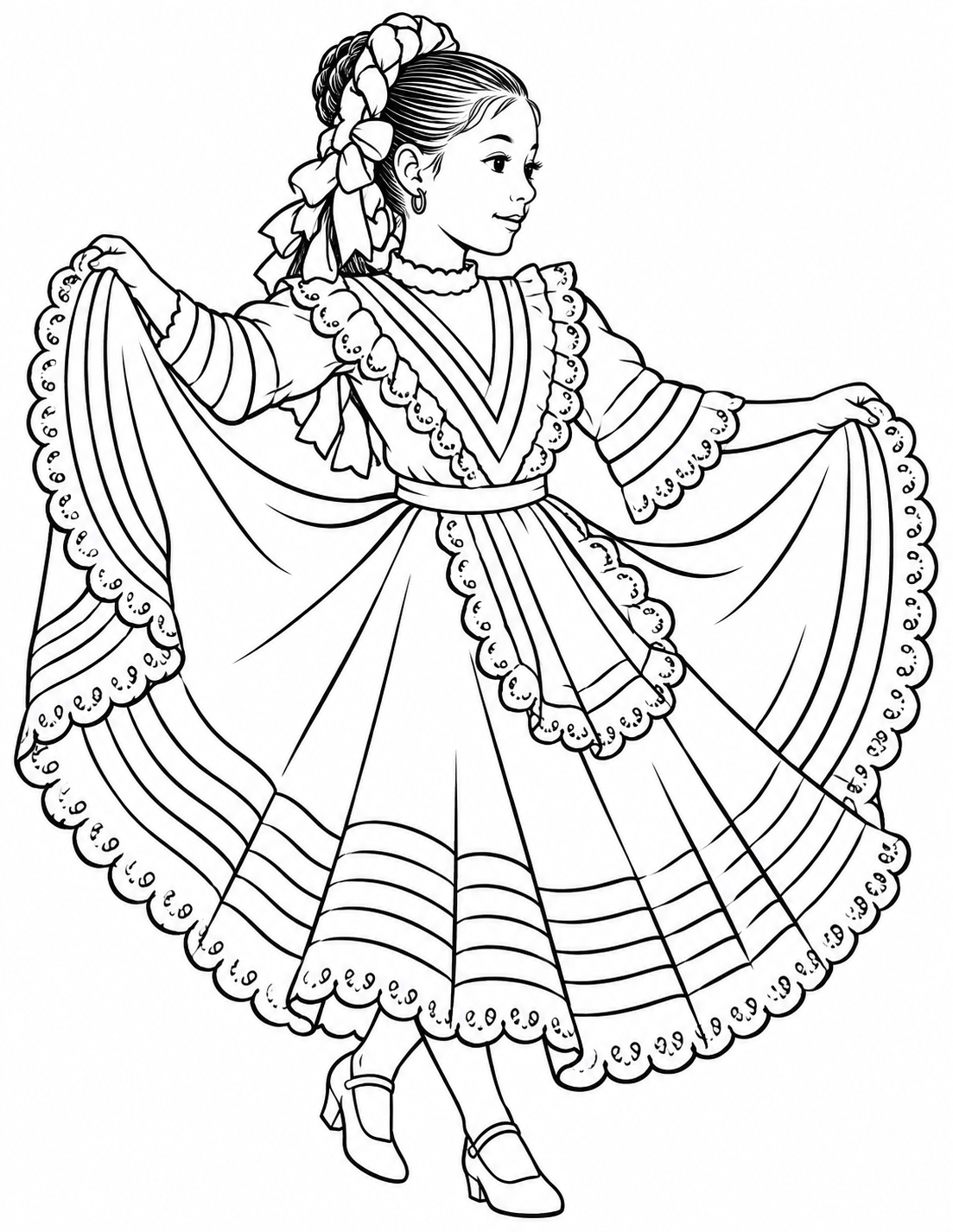 A dancer holds out her ribbon-trimmed skirt as she turns, with bows woven through her hair.