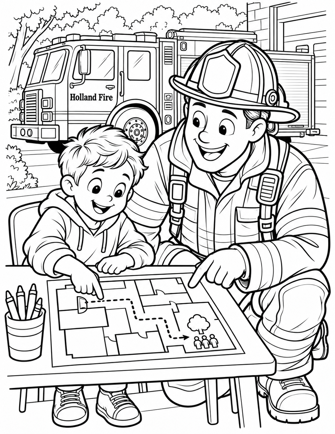 A firefighter kneels beside a child looking at a simple classroom exit map; the child traces a clear route from the classroom door to an outdoor meeting point.