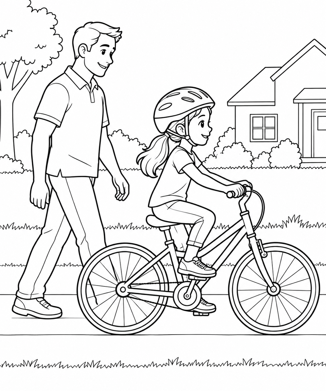 A helmeted child rides a complete bicycle slowly beside her walking father on a neighborhood path.