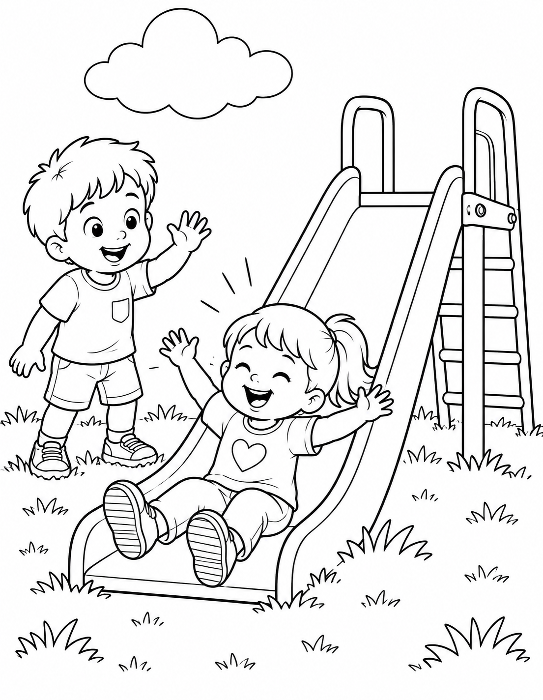 A young child laughs at the bottom of a short open slide while a friend waves nearby.