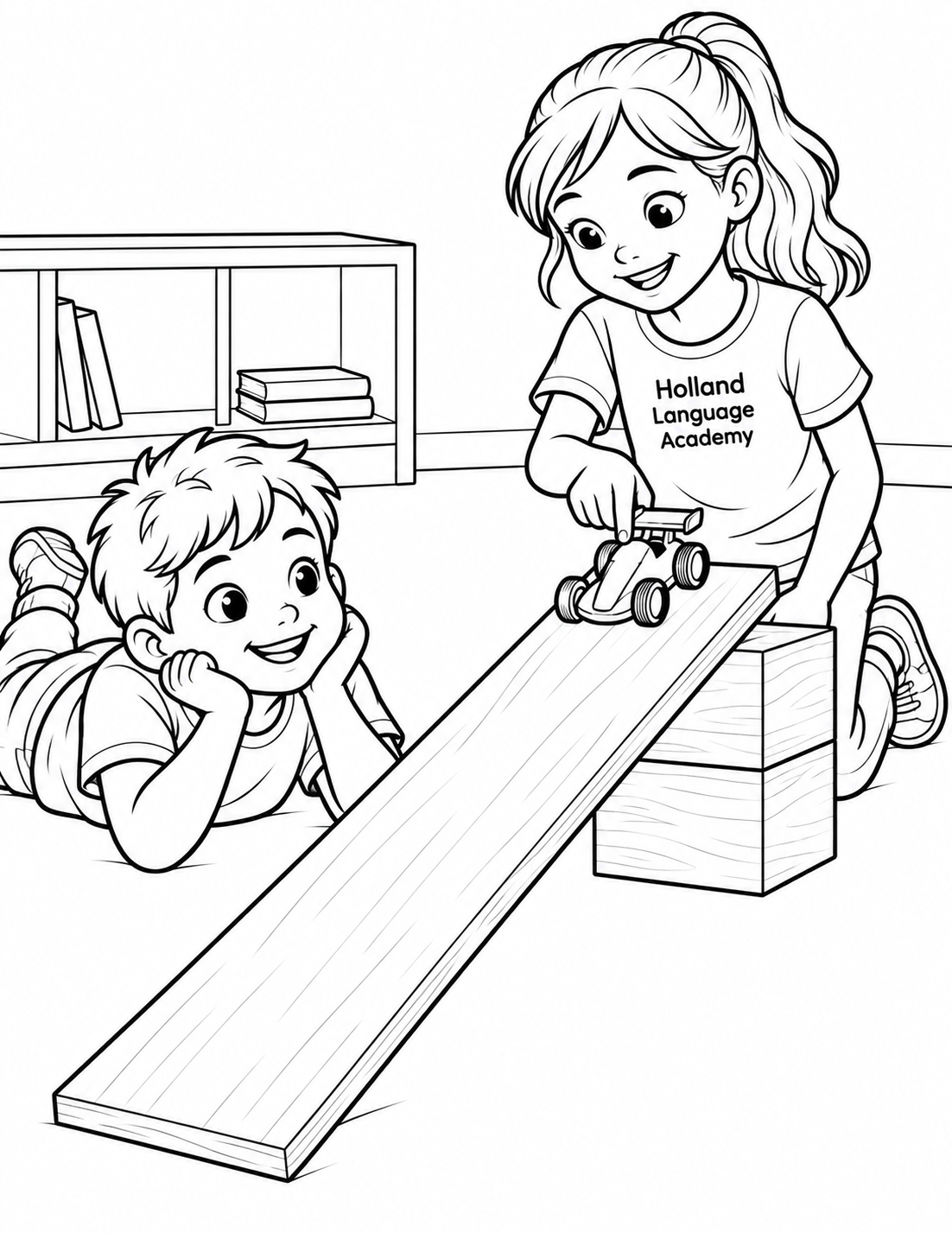 A girl holds a toy race car at the top of a wooden ramp supported by two stacked blocks while a boy lies beside the low end and watches in an imagined classroom.