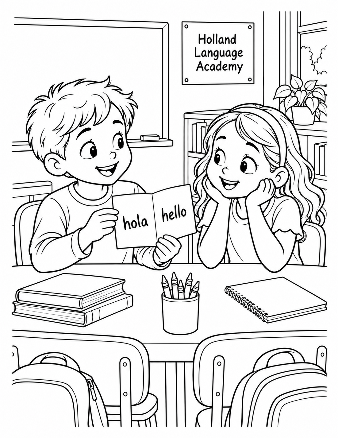 In a bilingual classroom, one child turns a two-sided paper greeting card so a classmate can see ‘hola’ on one face and ‘hello’ on the other.