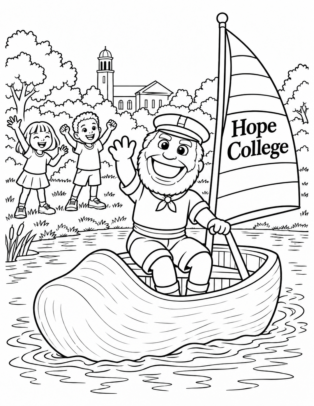 A Hope College sailor mascot waves from a wooden-shoe sailboat while children cheer from shore.
