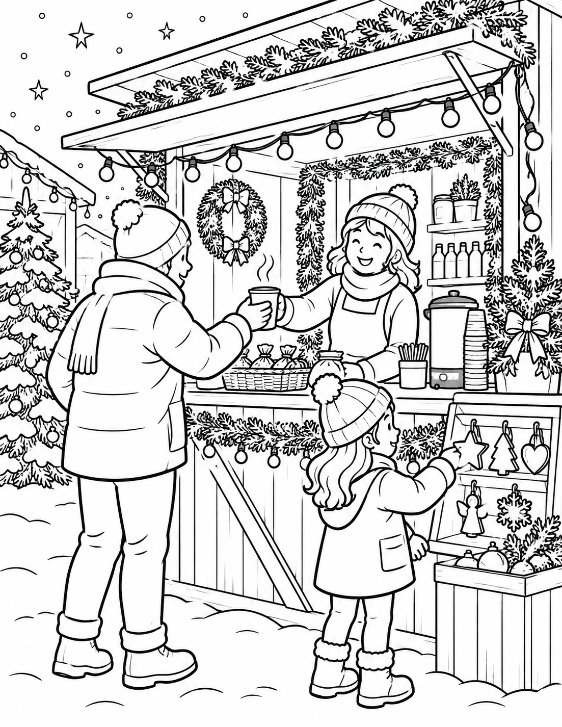 A vendor hands over a warm cup while a child chooses an ornament beside a decorated wooden stall.