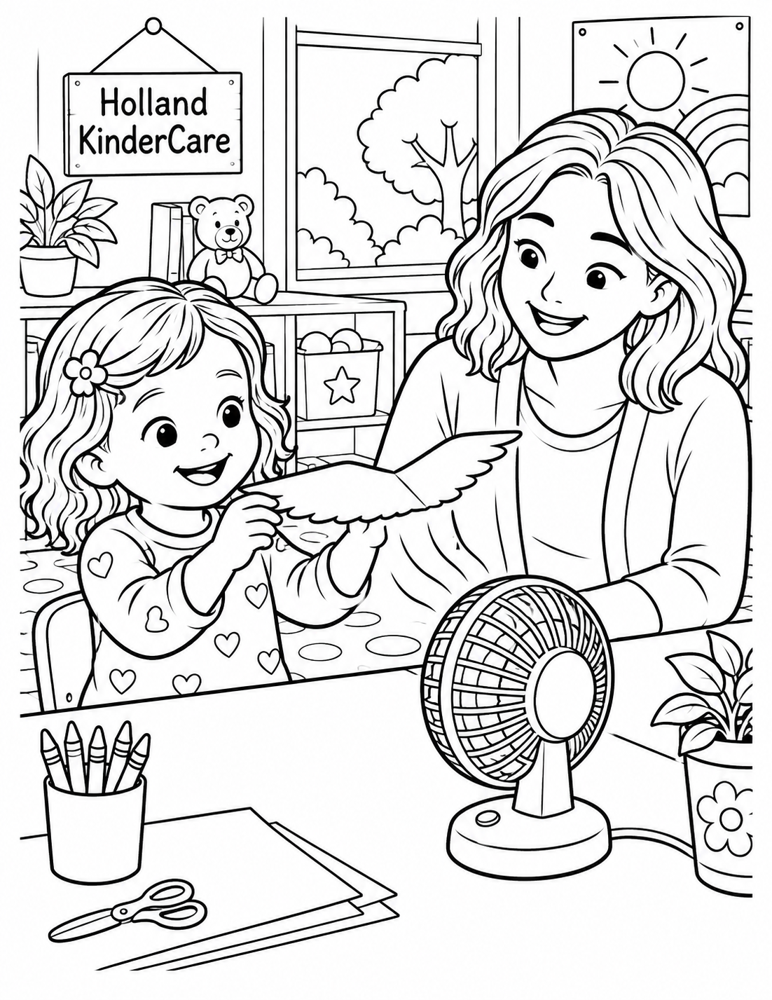 At a supervised preschool table, a child tests a broad paper wing in the airflow from a small enclosed desktop fan while an adult watches nearby.
