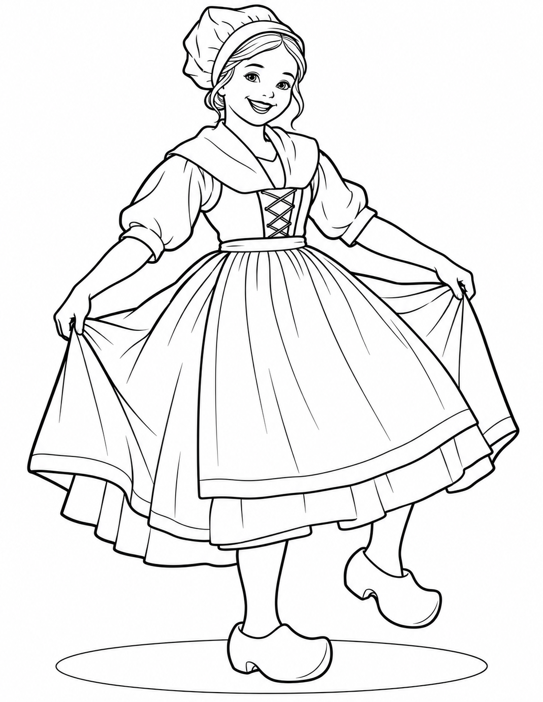 A smiling dancer lifts one foot and holds out her skirt, showing her wooden clogs.