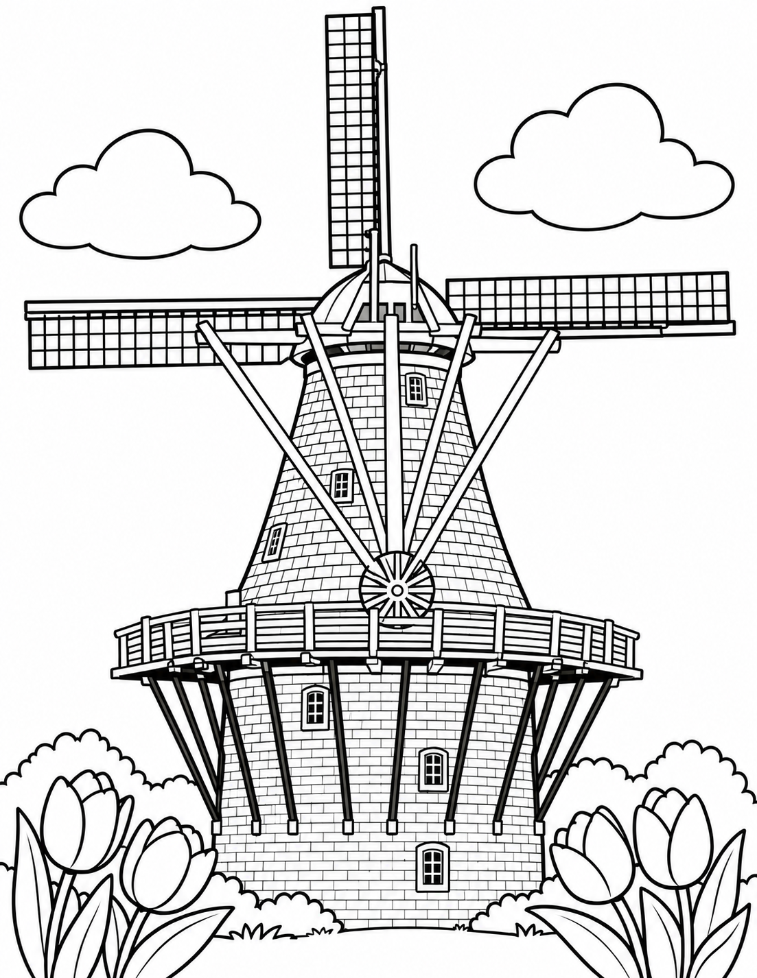 Tulips frame a rear view of De Zwaan, with its gallery, tail wheel and lattice sails.