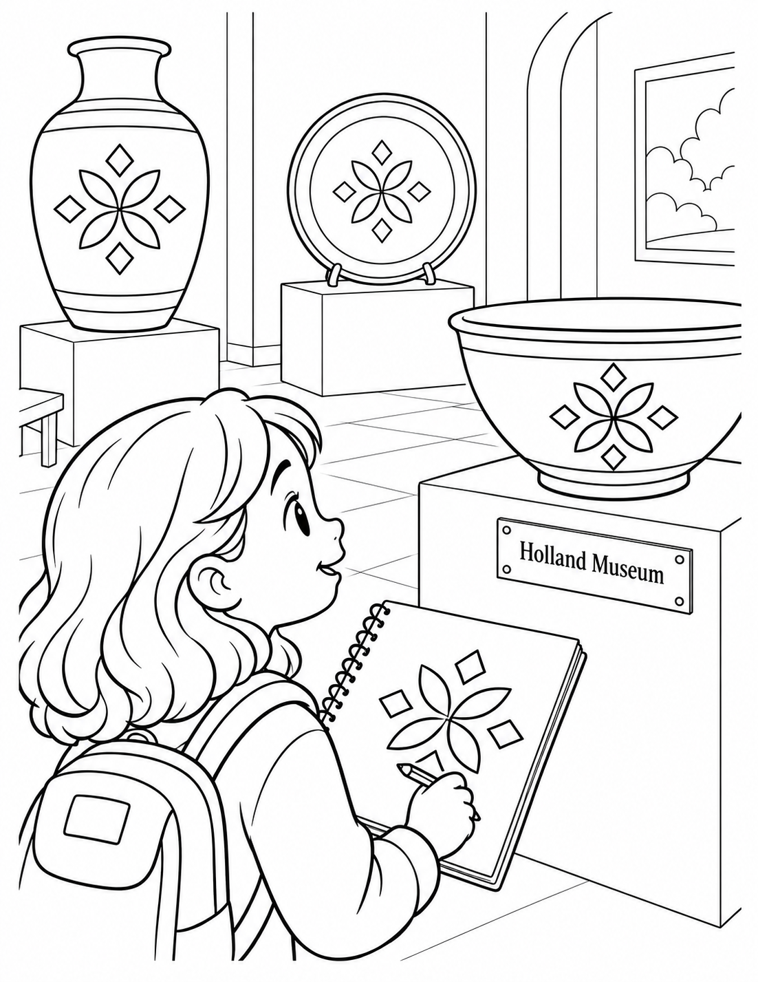 A child in a museum gallery notices the same bold blue-and-white pattern repeated across several display objects and traces the pattern in a small sketchbook.