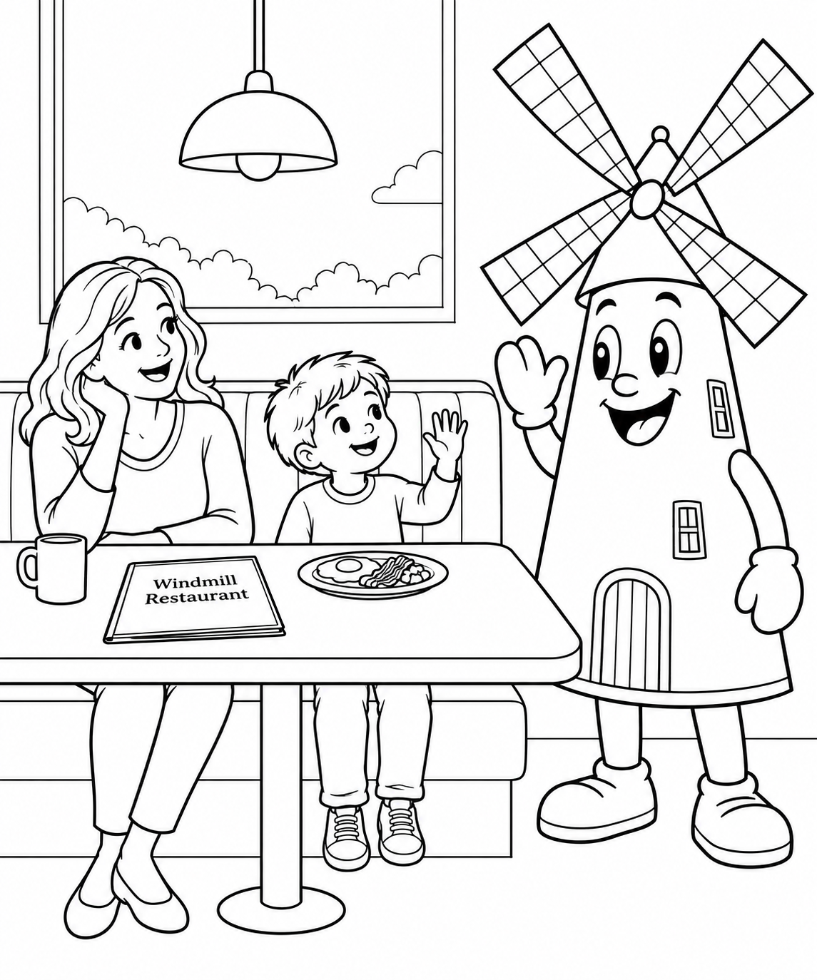 A friendly walking windmill waves to a mother and child seated side by side in one diner booth, with breakfast already on an ordinary plate on their table.