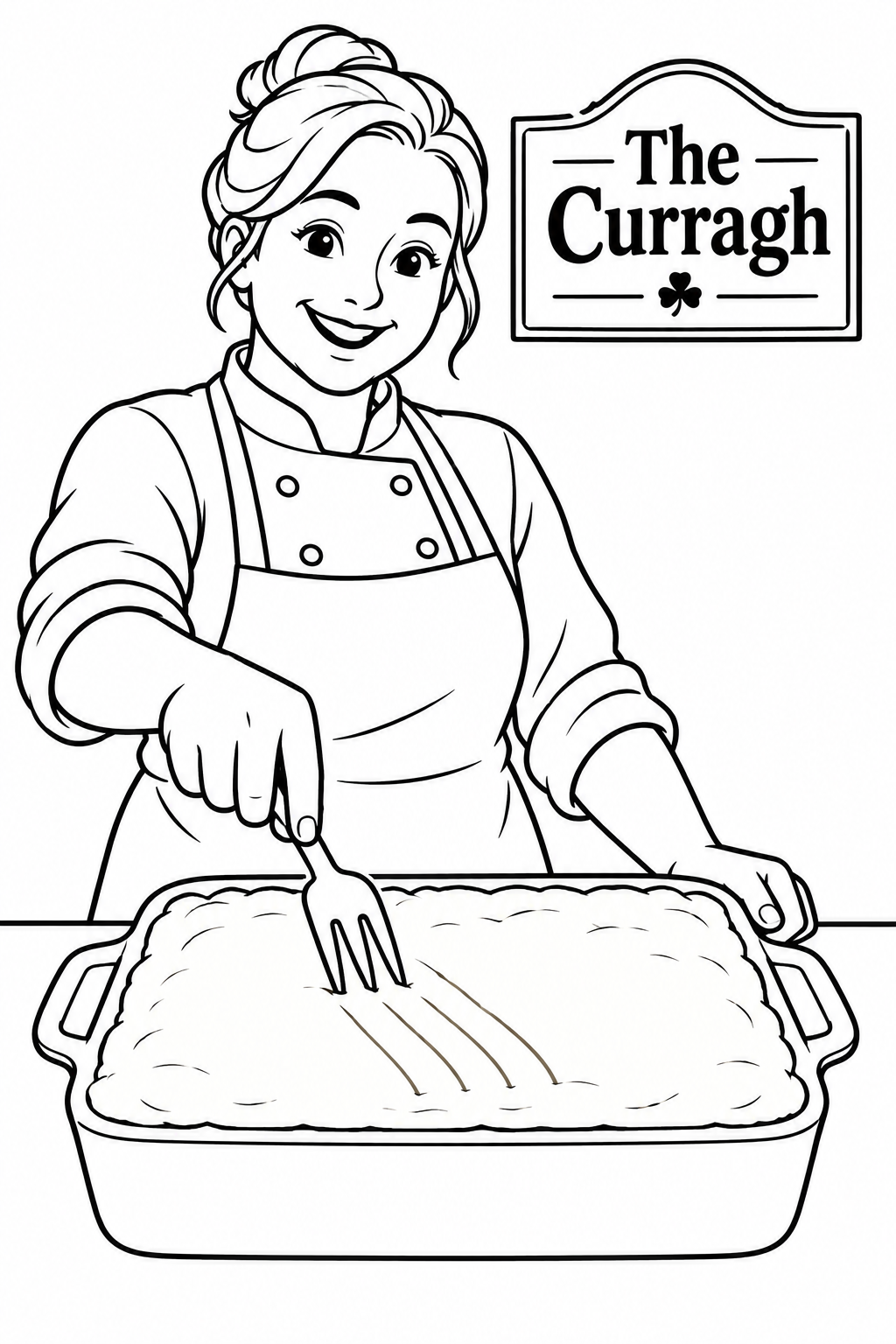 A Curragh cook presses an oversized three-pronged fork straight into the smooth mashed-potato top of a single Shepherd's Pie, leaving three broad grooves that radiate from the contact point.