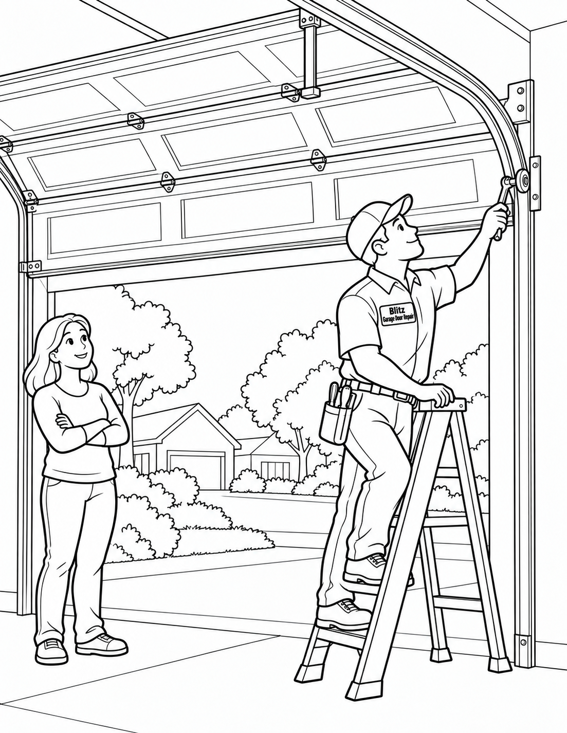 A technician inspects a garage door roller and track beside a fully stopped, secured-open segmented door while the homeowner stands safely outside the work area.